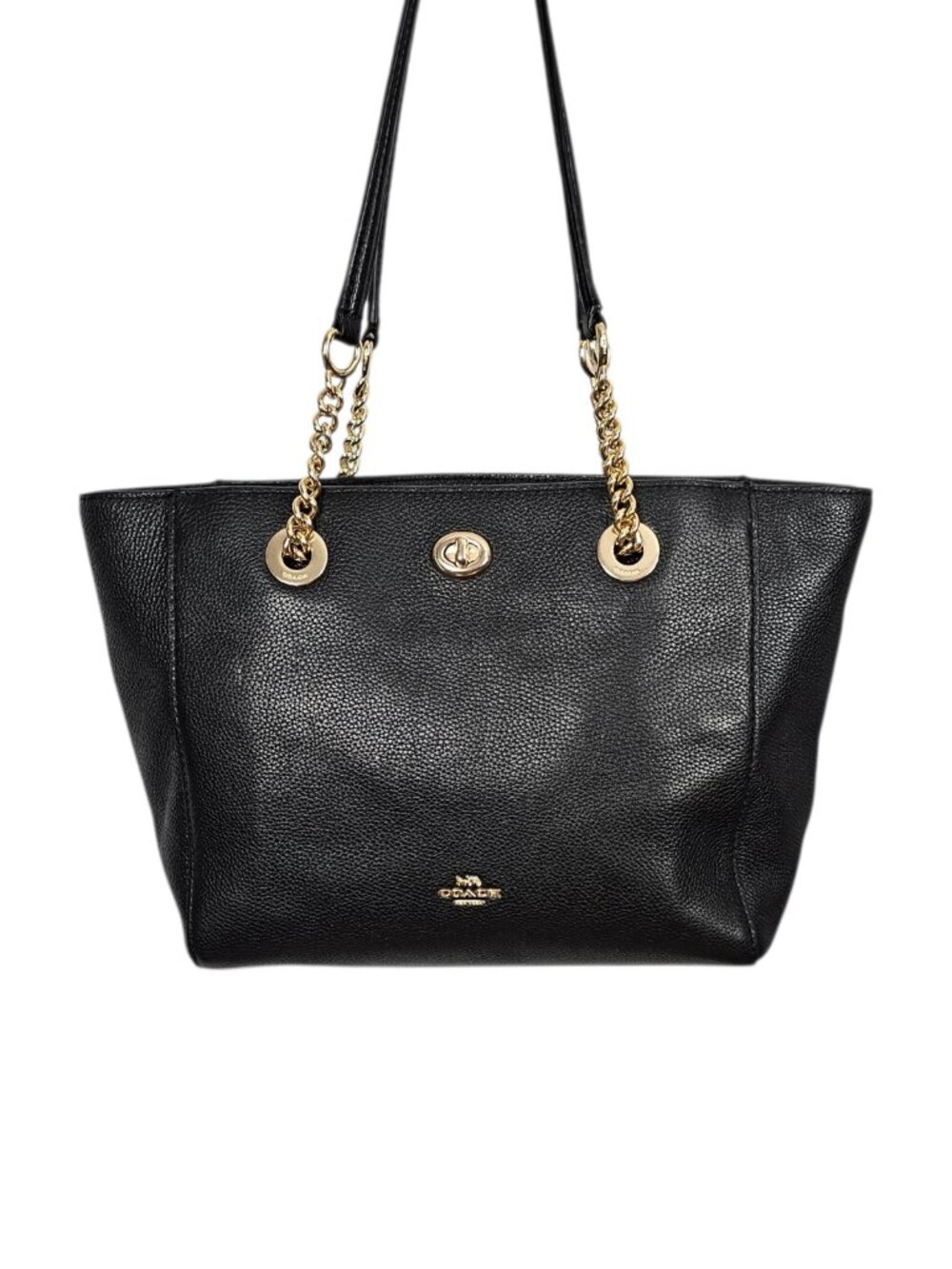 Coach Black Pebble Leather Turnlock Chain Tote 27 Shoulder Bag 57107 COA Gold